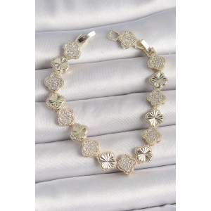 BFS Pirinç Gold Renk Zirkon Taşlı İşlemeli Yonca Model VIP Seri Exculusive Kadın Bileklik