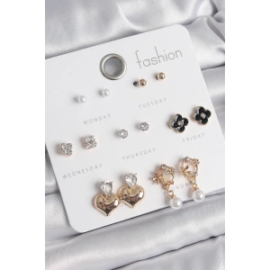 BFS Pirinç Gold Renk Zirkon Taşlı Kalp Figür Siyah Yonca Detay 7 Çift Kadın Küpe Seti