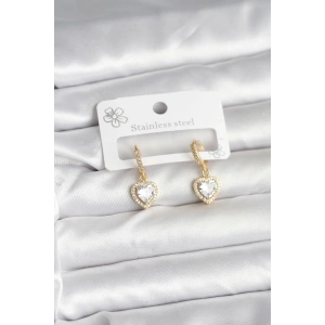 BFS Pirinç Gold Renk Zirkon Taşlı Kalp Model Kadın Küpe