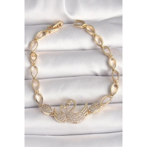 BFS Pirinç Gold Renk Zirkon Taşlı Kuğu Figür Damla Zincir Model Kadın Bileklik