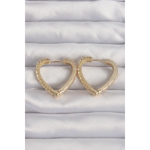 BFS Pirinç Gold Renk Zirkon Taşlı Motifli Kalp Küpe