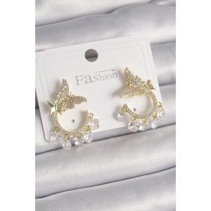 BFS Pirinç Gold Renk Zirkon Taşlı Sallantı Detay Kelebek Model Kadın Küpe