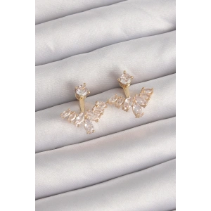 BFS Pirinç Gold Renk Zirkon Taşlı V Model Küpe
