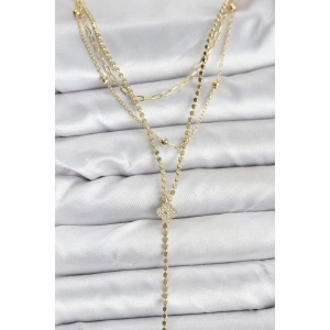 BFS Pirinç Gold Renk Zirkon Taşlı Yonca Model Detaylı 3lü Kombin Y Kadın Kolye