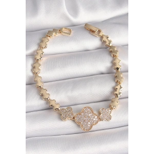 BFS Pirinç Gold Renk Zirkon Taşlı Yonca Model Zincir Kadın Bileklik