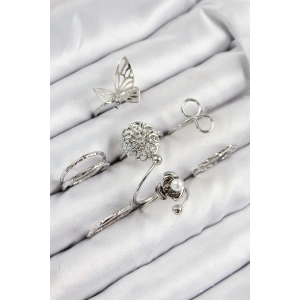 BFS Pirinç Gül Kelebek Model Gümüş Renk Kadın Yüzük Kombin Set