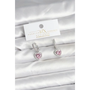 BFS Pirinç Gümüş Pembe Renk Zirkon Taşlı Kalp Model Kadın Küpe