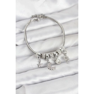 BFS Pirinç Gümüş Renk Ay Charm Model Charmlı Kadın Bileklik