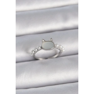 BFS Pirinç Gümüş Renk Ayarlanabilir Beyaz Mineli Kedi Model İnci Detay Kadın Yüzük