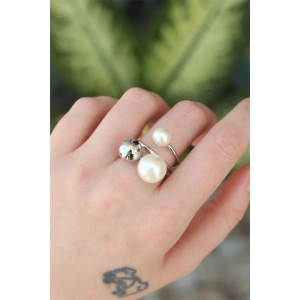 BFS Pirinç Gümüş Renk Ayarlanabilir İnci Taşlı Yüzük