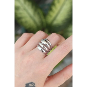 BFS Pirinç Gümüş Renk Ayarlanabilir Tırtıklı Bombe Yüzük