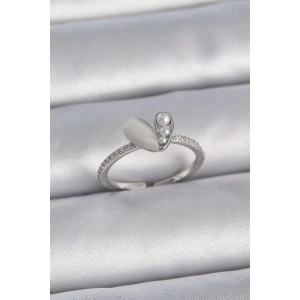 BFS Pirinç Gümüş Renk Ayarlanabilir Zirkon Taşlı İncili Beyaz Mineli Kalp Model Kadın Yüzük