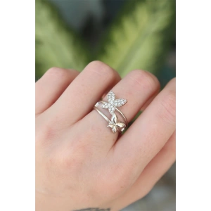 BFS Pirinç Gümüş Renk Ayarlanabilir Zirkon Taşlı Kelebek Yüzük