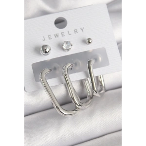 BFS Pirinç Gümüş Renk Halka Model Zirkon Taşlı Topçuk Detay Kadın Küpe Seti