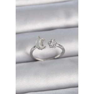 BFS Pirinç Gümüş Renk İncili Hilal Zirkon Taşlı Yıldız Ayarlanabilir Kadın Yüzük