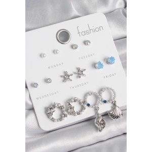 BFS Pirinç Gümüş Renk İncli Zirkon Taşlı Halka Figür Yıldız Detay 7 Çift Kadın Küpe Seti