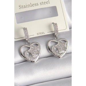 BFS Pirinç Gümüş Renk Kalp Model Zirkon Taşlı Ay Yıldız İşlemeli Kadın Küpe