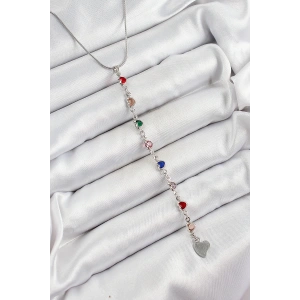 BFS Pirinç Gümüş Renk Karışık Renk Zirkon Taşlı Kalpli Y Kadın Kolye