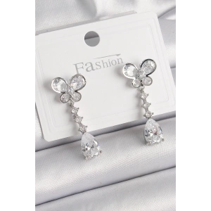 BFS Pirinç Gümüş Renk Kelebek Model Sallantı Damla Zirkon Taşlı Kadın Küpe