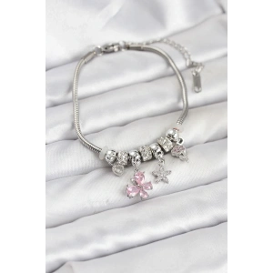 BFS Pirinç Gümüş Renk Pembe Kelebek Charmlı Kadın Bileklik