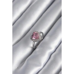 BFS Pirinç Gümüş Renk Pembe Zirkon Taş Kalp Charm Model Kadın Yüzük