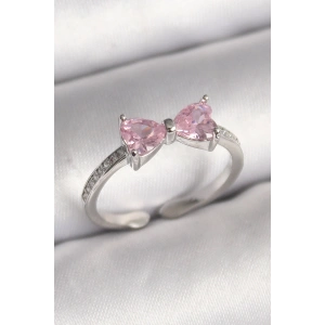 BFS Pirinç Gümüş Renk Pembe Zirkon Taşlı Kalp Fiyonk Model Kadın Yüzük
