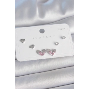 BFS Pirinç Gümüş Renk Pembe Zirkon Taşlı Kalp Model 925 Ayar Gümüş Çivi Kadın Küpe Seti