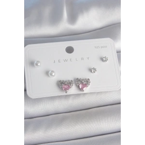 BFS Pirinç Gümüş Renk Pembe Zirkon Taşlı Kalp Model İnci Detay 925 Ayar Gümüş Çivi Kadın Küpe Seti