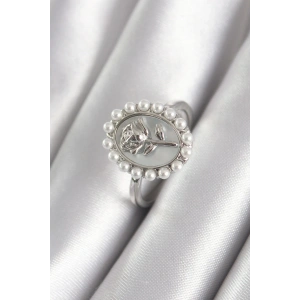 BFS Pirinç Gümüş Renk Portre Gül Model İnci Detay Kadın Yüzük