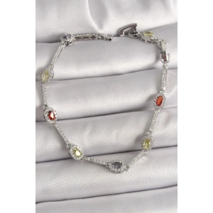 BFS Pirinç Gümüş Renk Renkli Zirkon Taşlı Damla Taş Model Kadın Bileklik