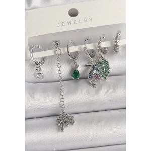 BFS Pirinç Gümüş Renk Sallantı Zirkon Taşlı Ağaç Figür Çoklu Kadın Küpe Seti