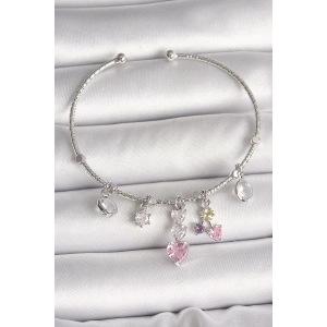 BFS Pirinç Gümüş Renk Sallantı Zirkon Taşlı Kalp Figür Charm Kadın Bileklik