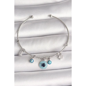 BFS Pirinç Gümüş Renk Sallantı Zirkon Taşlı Nazar Boncuk Figür Charm Kadın Bileklik