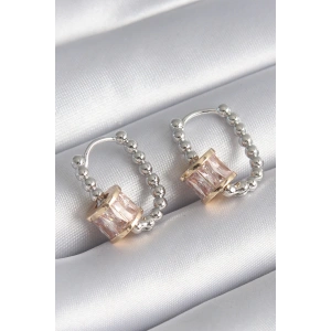 BFS Pirinç Gümüş Renk Top Model Gold Renk Zirkon Taşlı Kadın Küpe