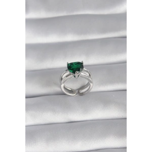 BFS Pirinç Gümüş Renk Yeşil Zirkon Taşlı Tek Taş Model Kadın Yüzük