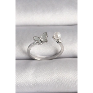 BFS Pirinç Gümüş Renk Zirkon Taş Detaylı Beyaz Mineli Kelebek Figür İnci Detay Ayarlanabilir Yüzük