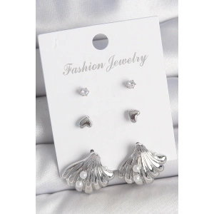 BFS Pirinç Gümüş Renk Zirkon Taş Detaylı İnci Detaylı Deniz Kabuğu Model 3 Çift Kadın Küpe