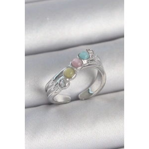 BFS Pirinç Gümüş Renk Zirkon Taş Detaylı Renkli Mineli Ayarlanabilir Kadın Yüzük