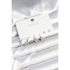 BFS Pirinç Gümüş Renk Zirkon Taşlı 925 Gümüş Çivili Kadın Küpe Seti