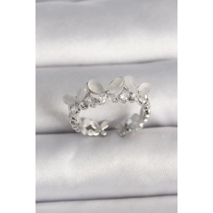 BFS Pirinç Gümüş Renk Zirkon Taşlı Beyaz Mineli Kelebek Model Ayarlanabilir Yüzük