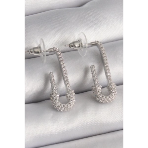 BFS Pirinç Gümüş Renk Zirkon Taşlı Çengelli İğne Model Kadın Küpe