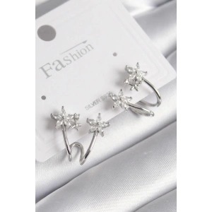 BFS Pirinç Gümüş Renk Zirkon Taşlı Çiçek Model Kadın Küpe