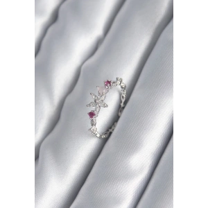 BFS Pirinç Gümüş Renk Zirkon Taşlı Çiçek Model Pembe Zirkon Taş Detay Kadın Yüzük