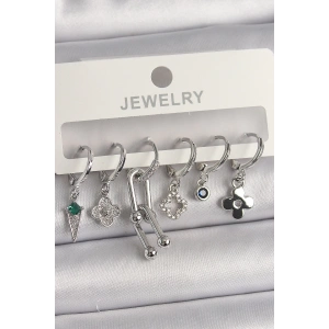 BFS Pirinç Gümüş Renk Zirkon Taşlı Çoklu Figür Kadın Küpe Seti