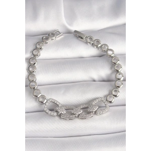 BFS Pirinç Gümüş Renk Zirkon Taşlı Daire Zincir Model Kadın Bileklik