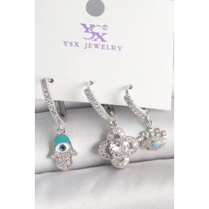 BFS Pirinç Gümüş Renk Zirkon Taşlı Fatma Ana Yonca Figür Göz Detay 3Lü Kadın Kombin Küpe