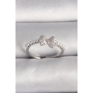 BFS Pirinç Gümüş Renk Zirkon Taşlı Fiyonk İnci Detay Ayarlanabilir Yüzük