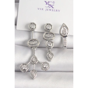 BFS Pirinç Gümüş Renk Zirkon Taşlı Geometrik Model 3Lü Kadın Kombin Küpe