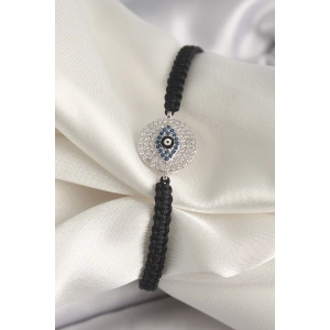 BFS Pirinç Gümüş Renk Zirkon Taşlı Göz İşlemeli Figür Asansörlü Makrome Model Kadın Bileklik