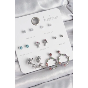 BFS Pirinç Gümüş Renk Zirkon Taşlı Gül Figür Halka Model 7 Çift Kadın Küpe Seti